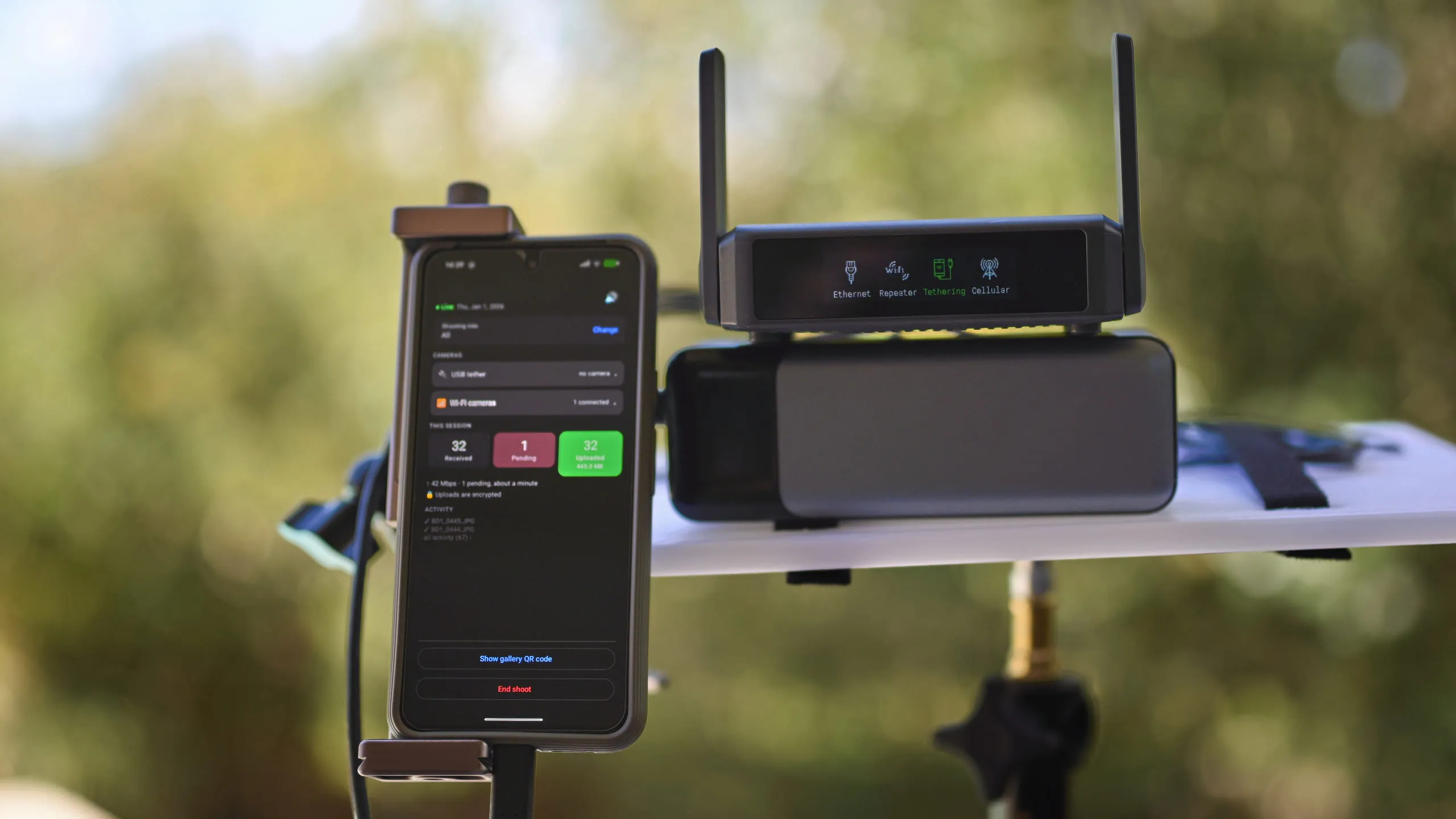 Field-side capture setup showing the live-upload app and cellular router
